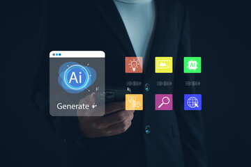 Business person using smartphone with floating AI icons and digital interface. Concept of artificial intelligence, AI generation tools, innovation, smart technology for creative productivity.