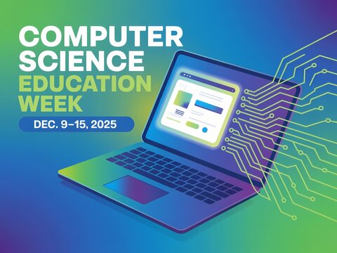 Computer science education week celebrated with laptop display and circuit board graphics