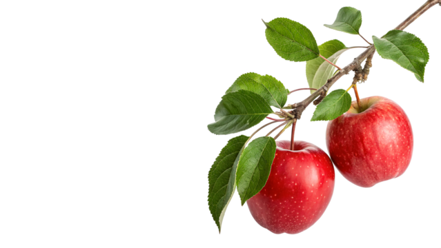 Bright red apples hanging from a branch in a sunny orchard during the harvest season on a transparent background