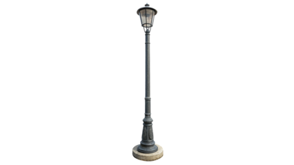Elegant street lamp stands beside a caution barrier on a city sidewalk during daytime on a transparent background