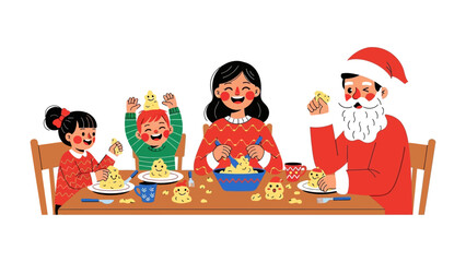Family Christmas Gathering: Festive family joyfully gathered around a table, playfully creating festive treats, with Santa's presence adding to the merriment.