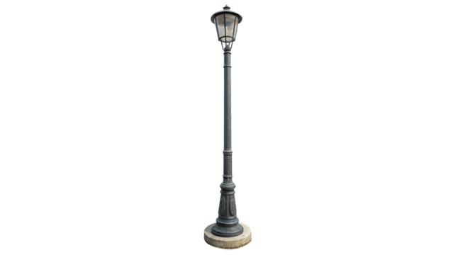 Elegant street lamp stands beside a caution barrier on a city sidewalk during daytime on a transparent background
