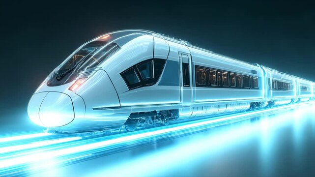 Futuristic high speed train with glowing blue light trails on dark background representing modern transportation technology