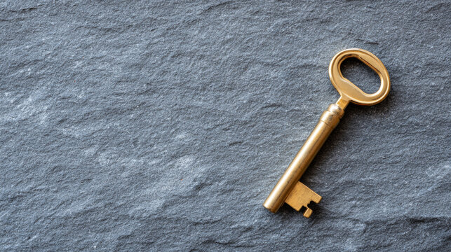 A gold key with a bottle opener on the top sits against a grey stone background - Powered by Adobe