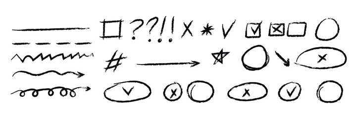 Hand drawn doodle sketch. Drawing illustration vector graphic. artistic element symbol icon sign mark arrow star circle square line. Isolated on white background.