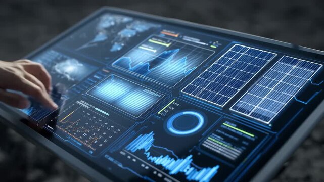Futuristic digital interface showing solar energy data with hand touching interactive holographic dashboard and blue analytics