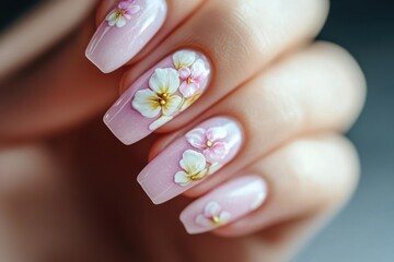 Close-up person hand their fingernails painted light pink Woman's with white
