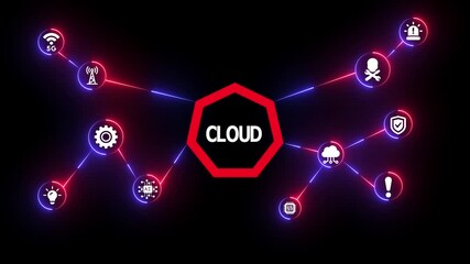 Digital red cloud computing network concept with glowing futuristic icons symbolizing storage, data processing, and technology infrastructure. - Powered by Adobe