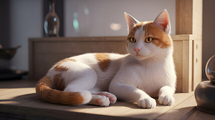 A 4K photo of a photorealistic cat lounging in a sunbeam.