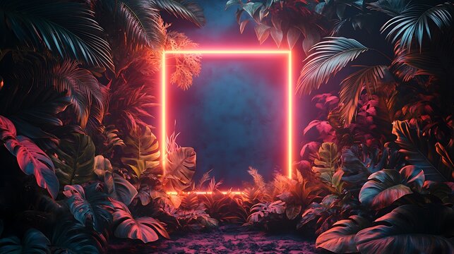 Glowing square frame amidst lush tropical foliage with vibrant color palette - Powered by Adobe