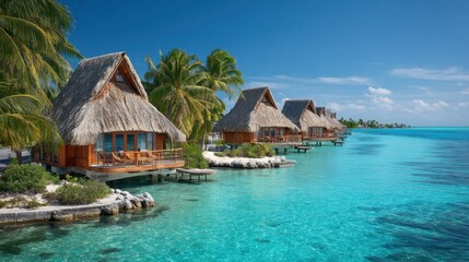 Colorful bungalows rest on stilts above a calm lagoon with vibrant turquoise waters and lush palms.