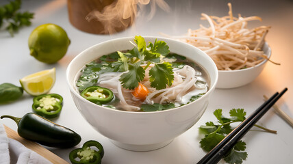 A photo of a steaming bowl of pho with herbs in a studio setting.