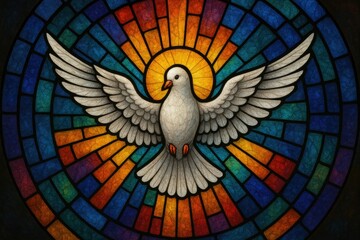 White dove soaring amidst colorful stained glass representing peace