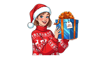Joyful Christmas Gift: A cheerful young woman, adorned in a festive Christmas sweater and hat, presents a beautifully wrapped gift box, embodying the spirit of holiday generosity and excitement.