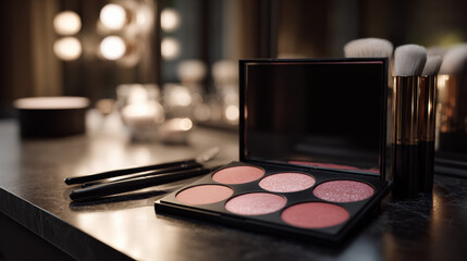 Realistic cosmetic collection featuring blush palette with six shades, elegantly displayed on vanity. soft lighting enhances beauty of products, creating luxurious atmosphere
