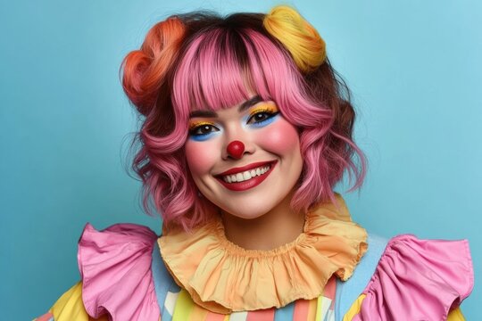 Portrait young woman big smile her face She Happy dressed up