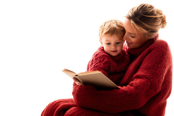 mother is cuddling her 3-4 year old baby boy while reading a good night story; both in cozy red sweaters; couple is  isolated over white (transparent) background