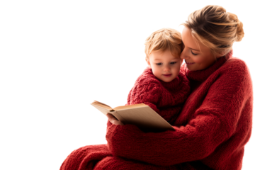 mother is cuddling her 3-4 year old baby boy while reading a good night story; both in cozy red sweaters; couple is  isolated over white (transparent) background