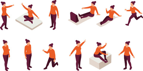 Isometric illustration of woman performing different daily activities, standing, sitting, walking, stretching, exercising, isolated character poses for design and animation