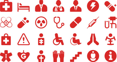 Hospital Signage Icon Set, Clinic Nurse Doctor Pharmacy Medication Vaccination Syringe Patient Room Operating Radiology MRI Silhouette Vector Illustration