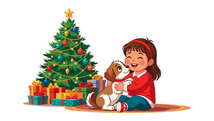 Fototapeta premium Christmas Joy: A young girl's heartwarming moment with her puppy, filled with festive cheer and surrounded by gifts and a beautifully decorated Christmas tree.