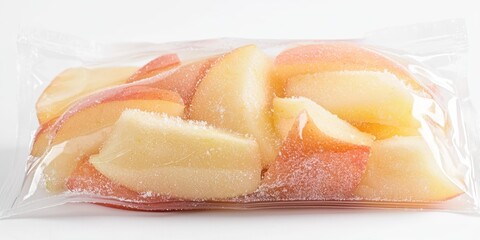 A clear plastic bag contains a portion of frozen peach slices. The peach slices are arranged in a row and coated with a light dusting of sugar. 
