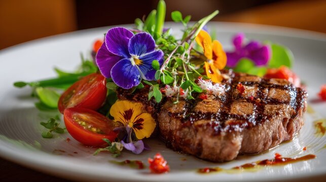 A perfectly grilled steak is placed on a white plate adorned with fresh salad greens, cherry tomatoes, and colorful edible flowers, showcasing culinary artistry. - Powered by Adobe