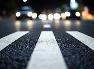 Night Cityscape: Illuminated Cars Approaching a Zebra Crossing on Wet Asphalt