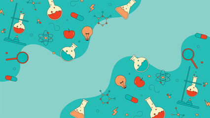 Creative science background featuring colorful chemistry icons like flasks atoms bulbs and pills on teal backdrop ideal for education medical and laboratory themed projects