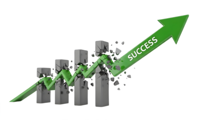 Green arrow breaks through bars labeled “SUCCESS” — symbol of growth, achievement