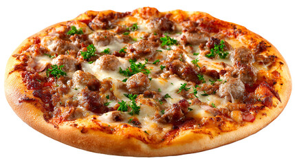 Deliciously topped meat lovers pizza with melted cheese and herbs