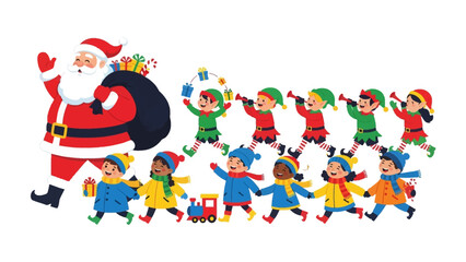 Santa's Cheerful Parade: The iconic figure leads a joyful procession of elves and children through a winter wonderland, spreading holiday cheer and the magic of Christmas.