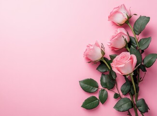 Elegant Pink Roses on a Soft Pink Background with Copyspace for Valentine's Day