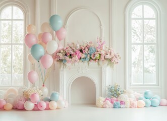 Elegant Celebration Setting: Pastel Balloons, Floral Fireplace Decor for Party