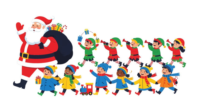 Santa's Cheerful Parade: The iconic figure leads a joyful procession of elves and children through a winter wonderland, spreading holiday cheer and the magic of Christmas.