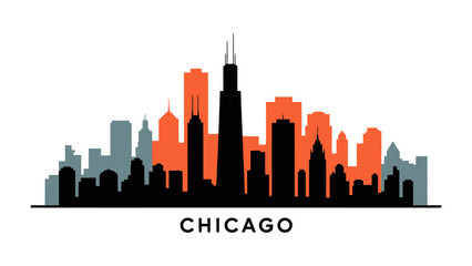Naklejka premium Chicago Cityscape: a vivid silhouette showcasing the iconic skyline of Chicago, with distinct architectural shapes, presented in eye-catching color blocks.