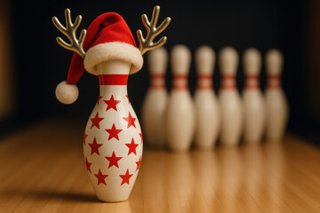 White bowling pin, festively decorated with red stars and charming Santa hat, proudly wears playful reindeer antlers. Unique holiday decoration brightens bowling alley lane, bringing cheerful