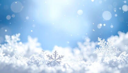 Naklejka premium Magical winter scene with glistening snowflakes in a pile of snow against a soft focus blue sky