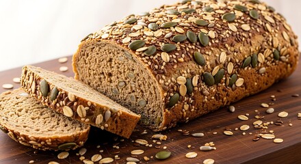 Close up of a freshly baked loaf of whole grain bread with seeds and oats sliced on a wooden board