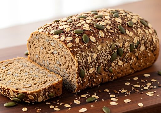 Hearty whole grain bread loaf with a slice cut showing texture and seeds on a wooden board