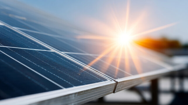 A solar panel is shown with the sun shining through it, creating a lens flare effect. The background is blurred and out of focus