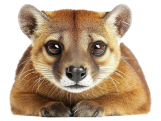 Fossa portrait Cute, tan-furred animal with big brown eyes looking intently forward