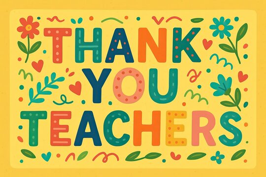 Thank you teachers colorful illustration with flowers on yellow background  