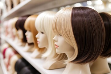 Fototapeta premium Row mannequin heads white shelf hair salon mannequins Selection of female wigs