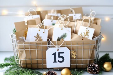 White wire basket number 15 it Inside Advent calendar made from