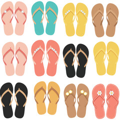 Colorful fashion flip flops collection presented as a flat 2D vector illustration, isolated on a white background, perfect for summer travel, beach holidays, and leisure footwear concepts.