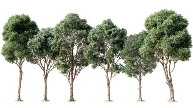A group of six realistic model trees with green foliage against a black background