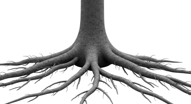 Gray tree trunk and extensive roots spread wide on black background