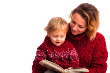 portrait of blond couple: mother and her son in cozy winter red sweaters sitting and enjoying reading a book; they are  isolated over white (transparent)