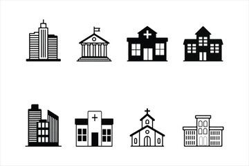 Fototapeta premium Set of eight various building icons representing civic governmental hospital and residential structures